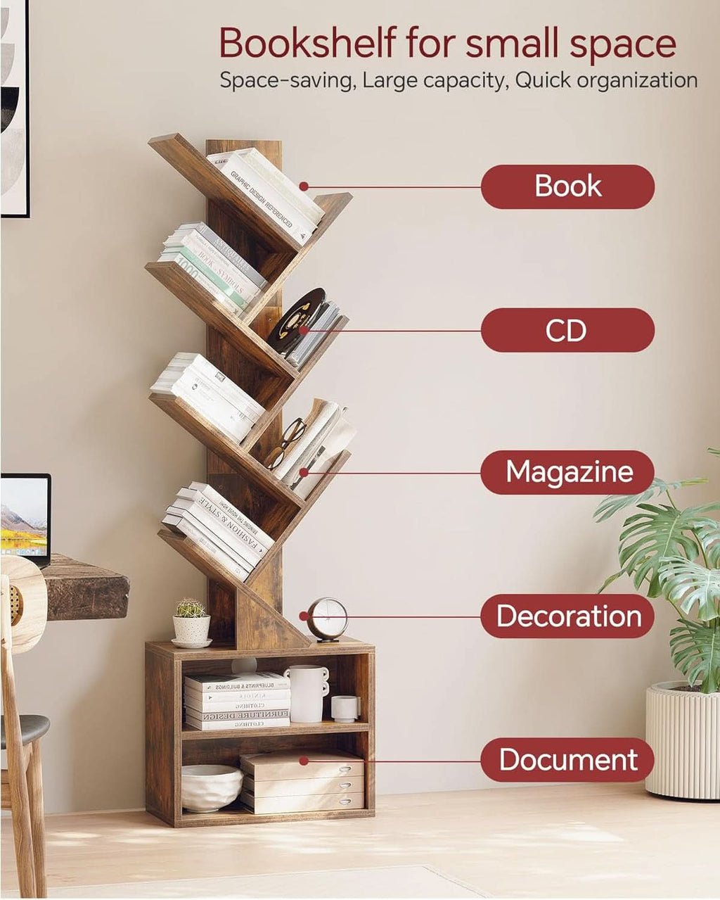 6 Tier Tree Bookshelf With Cabinet Rustic Brown Modern