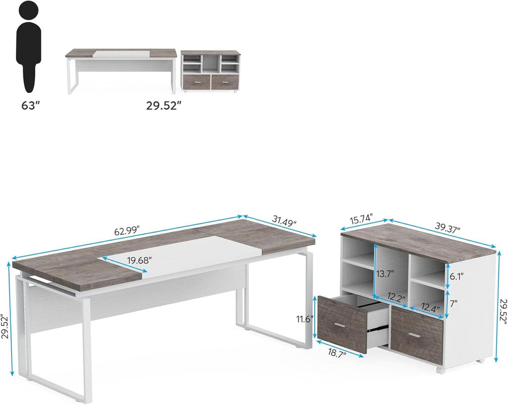 63 Inch L Shaped Desk Gray White With Reversible File Cabinet