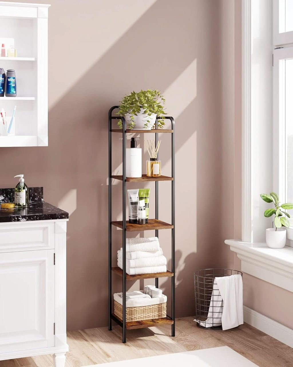 5-Tier Industrial Corner Shelf Narrow Rustic Black Bookcase