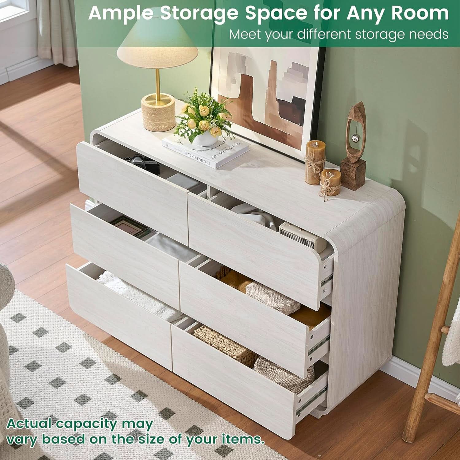 47 Inch White Dresser With Six Drawers Anti Tip Design