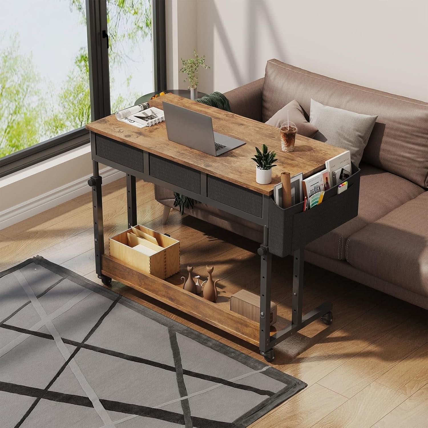 Rolling Height-Adjustable Computer Desk with Drawers