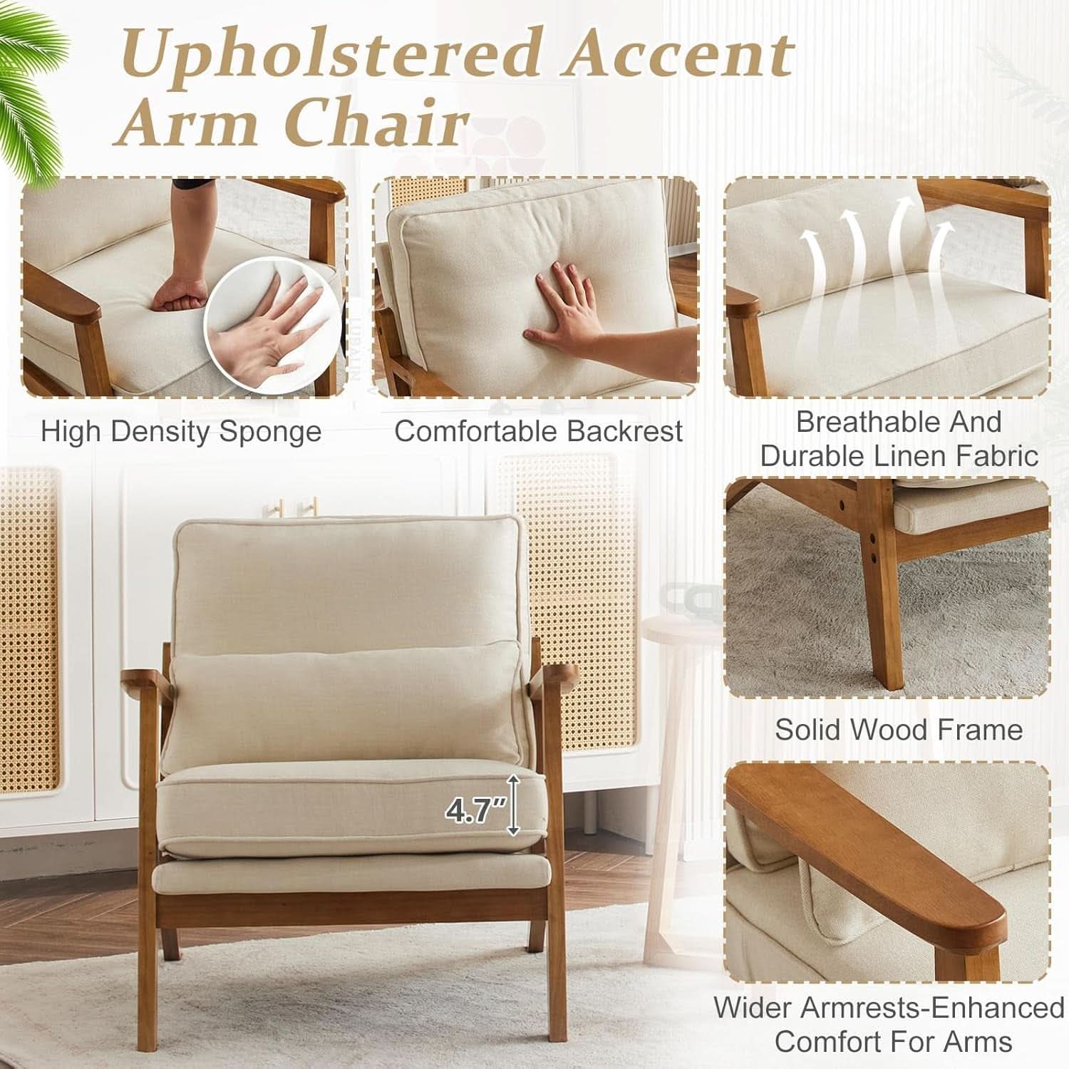Beige Linen Upholstered Accent Chair Wide Armrests