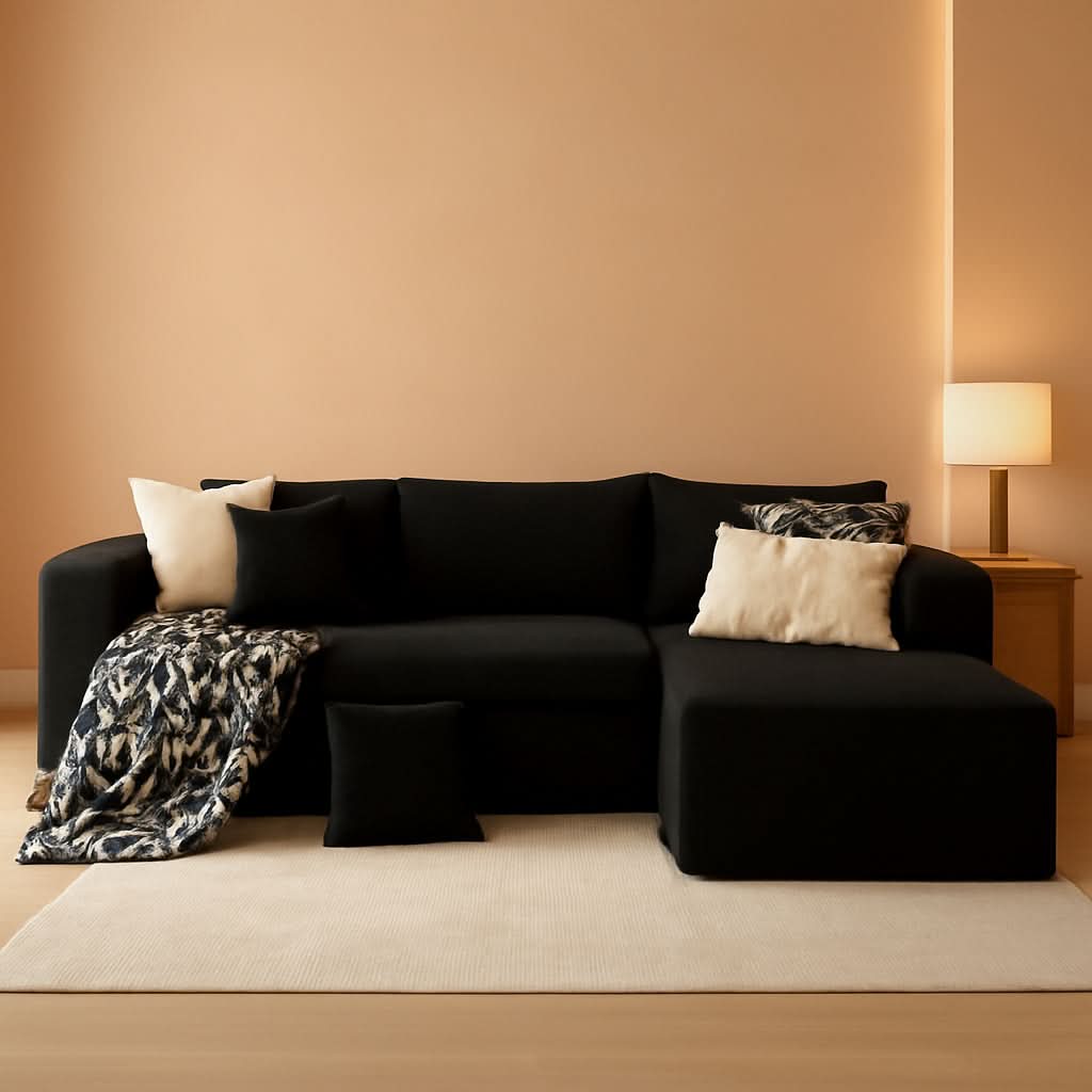 Black Corduroy L-Shaped Sectional Sofa