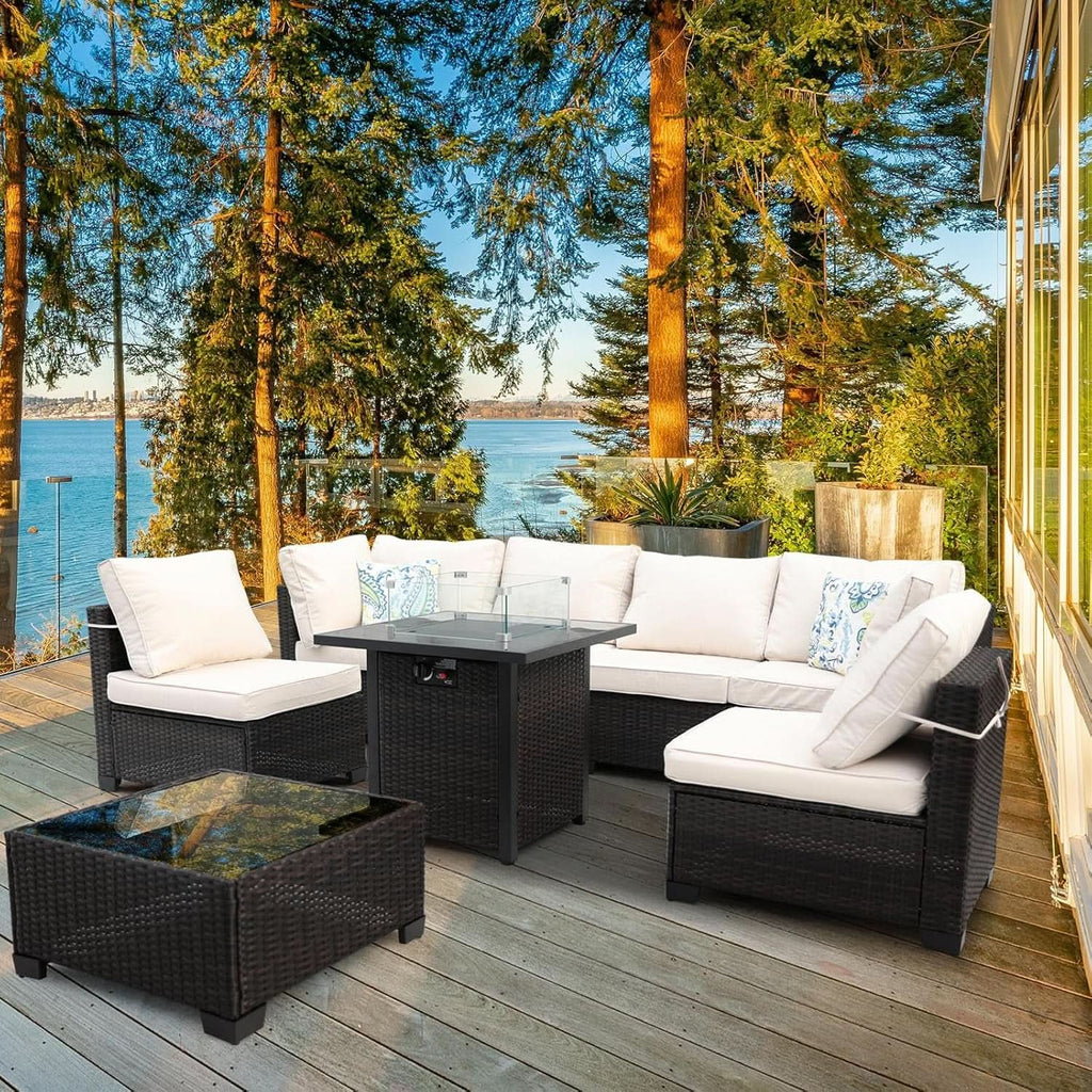 8 Piece Wicker Patio Furniture Set with Fire Pit