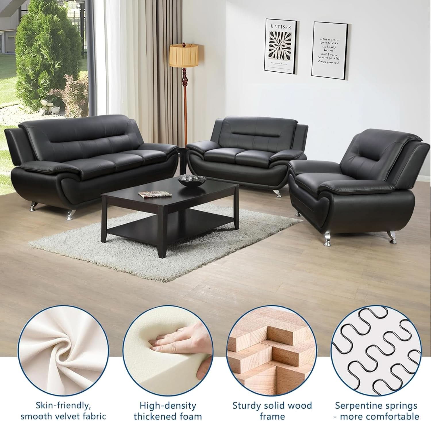 Black Sofa, Loveseat, and Chair Set