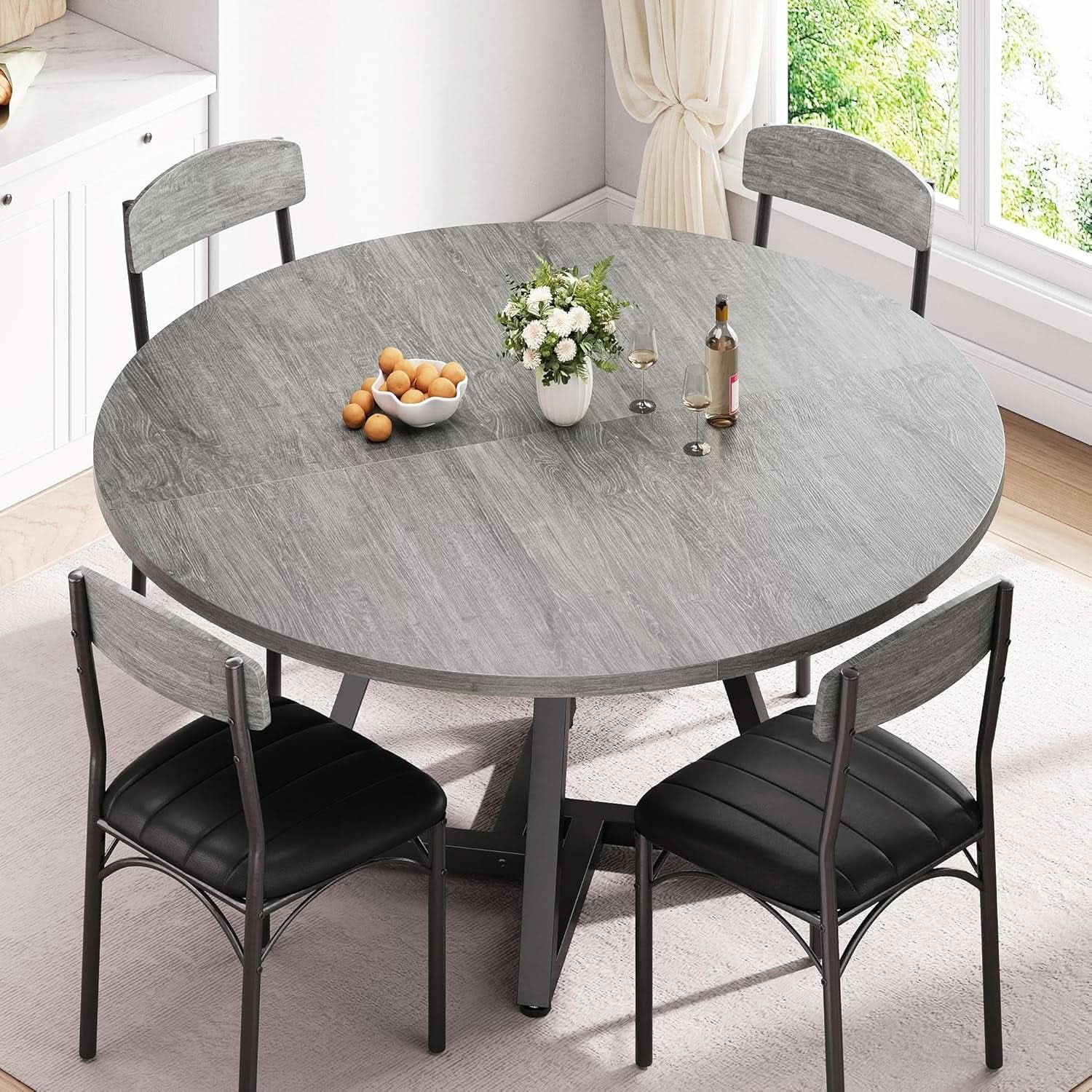 Round Grey 47 Inch Dining Table With Pedestal Metal Frame