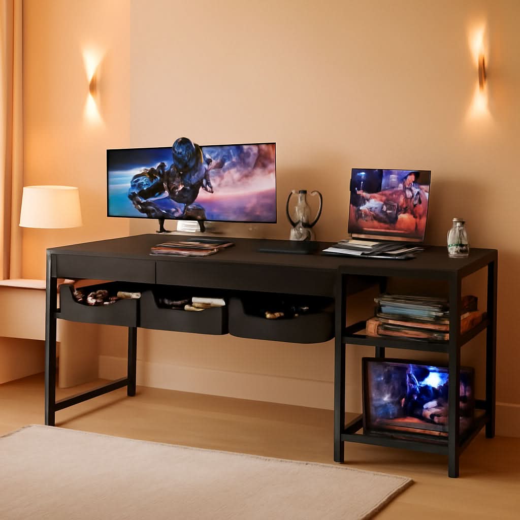 53-Inch L-Shaped Desk With Drawers And Power Outlets