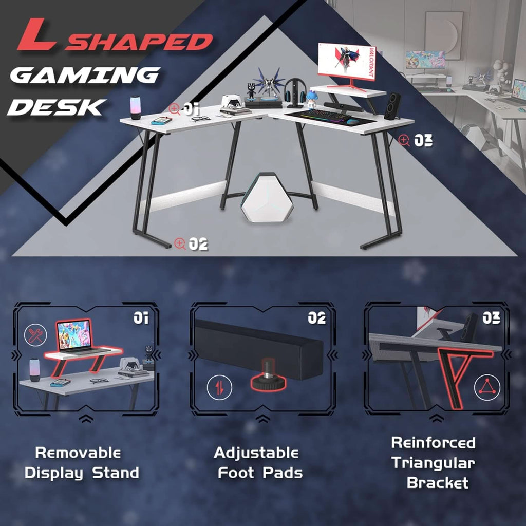 L Shaped Gaming Desk 51 Inch Monitor Riser Classical White