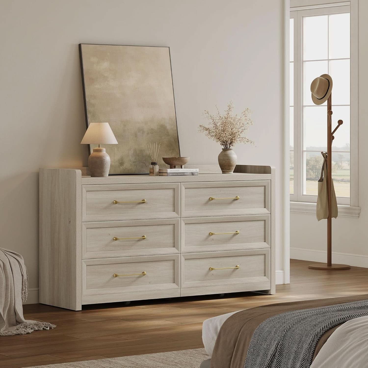 56InchExtraWideGreyOakDresser With LargeStorage Drawers