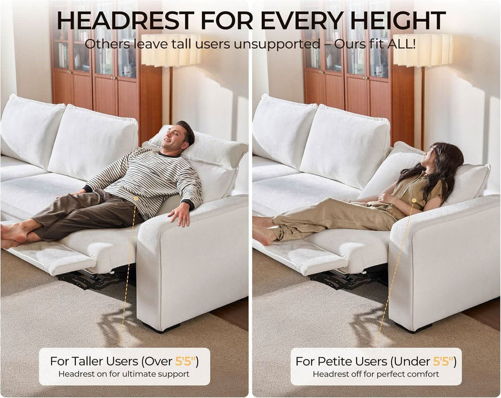 102.8 Inch White Chenille Power Recliner Sofa With Headrest Storage USB Table Wall Hugger