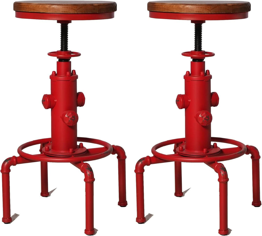 Antique Industrial Barstools Set With Adjustable Wooden Seats