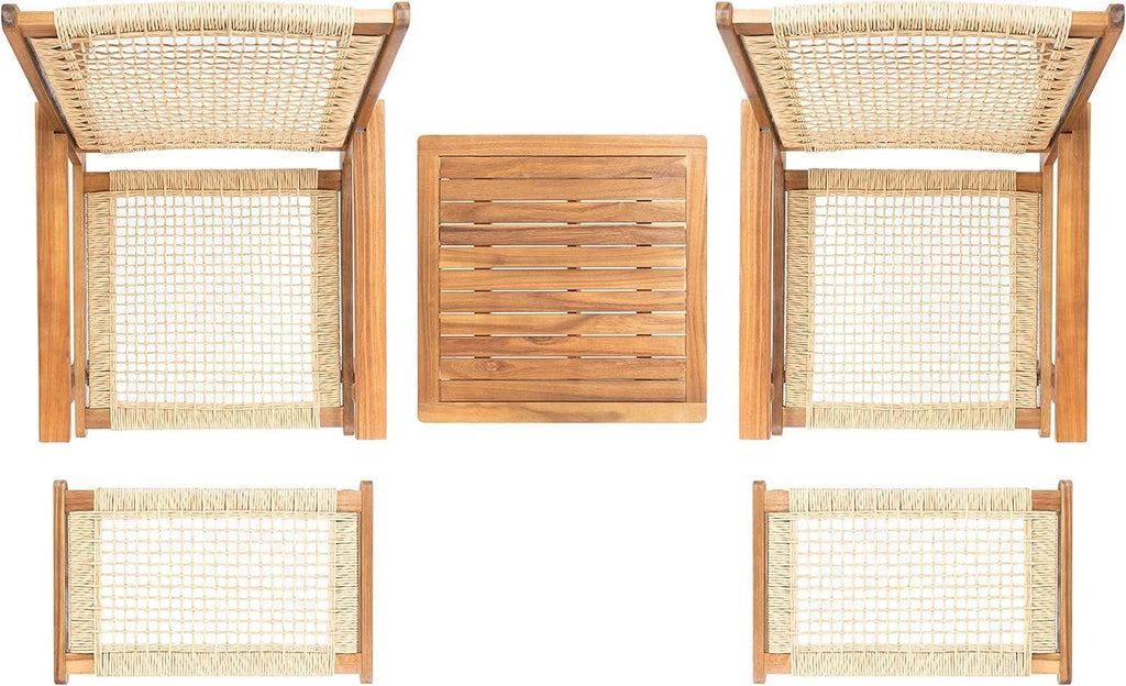 Outdoor Acacia Wood Woven Rattan 5 Piece Patio Set