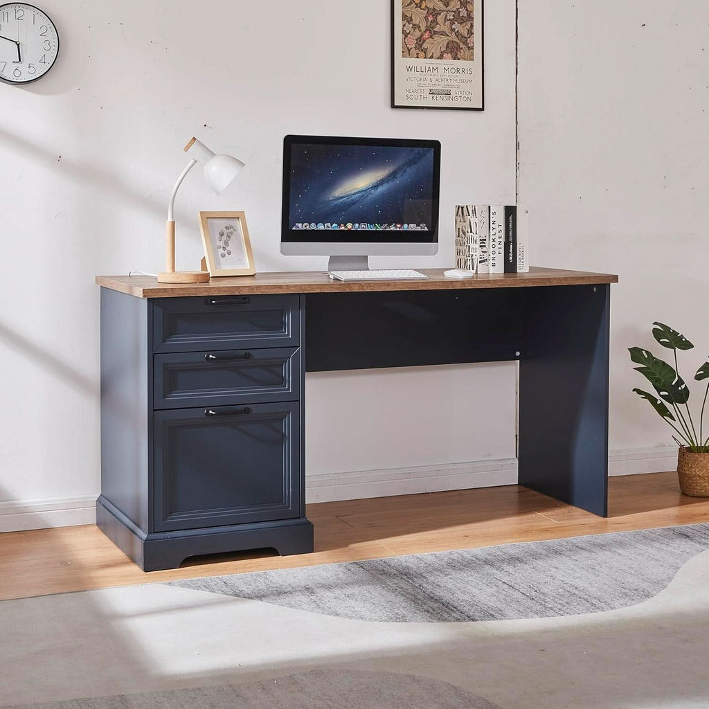 Blue Farmhouse Executive Desk with Charging Station