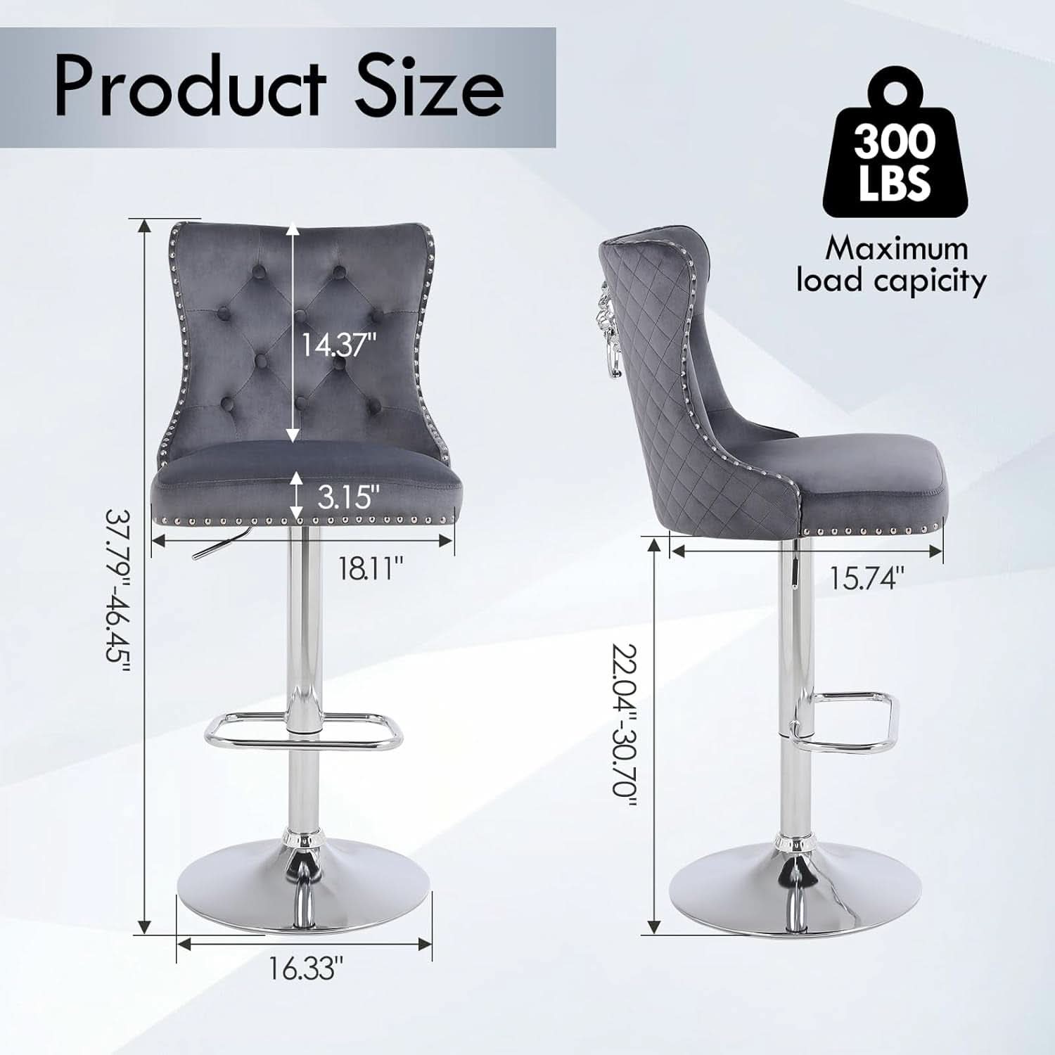 Velvet Adjustable Swivel Bar Stools Dark Grey Set Of 4
