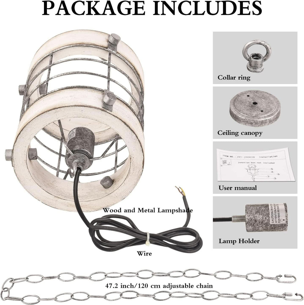 Retro Industrial Wood And Metal Round Cage Pendant Light 1 Light White