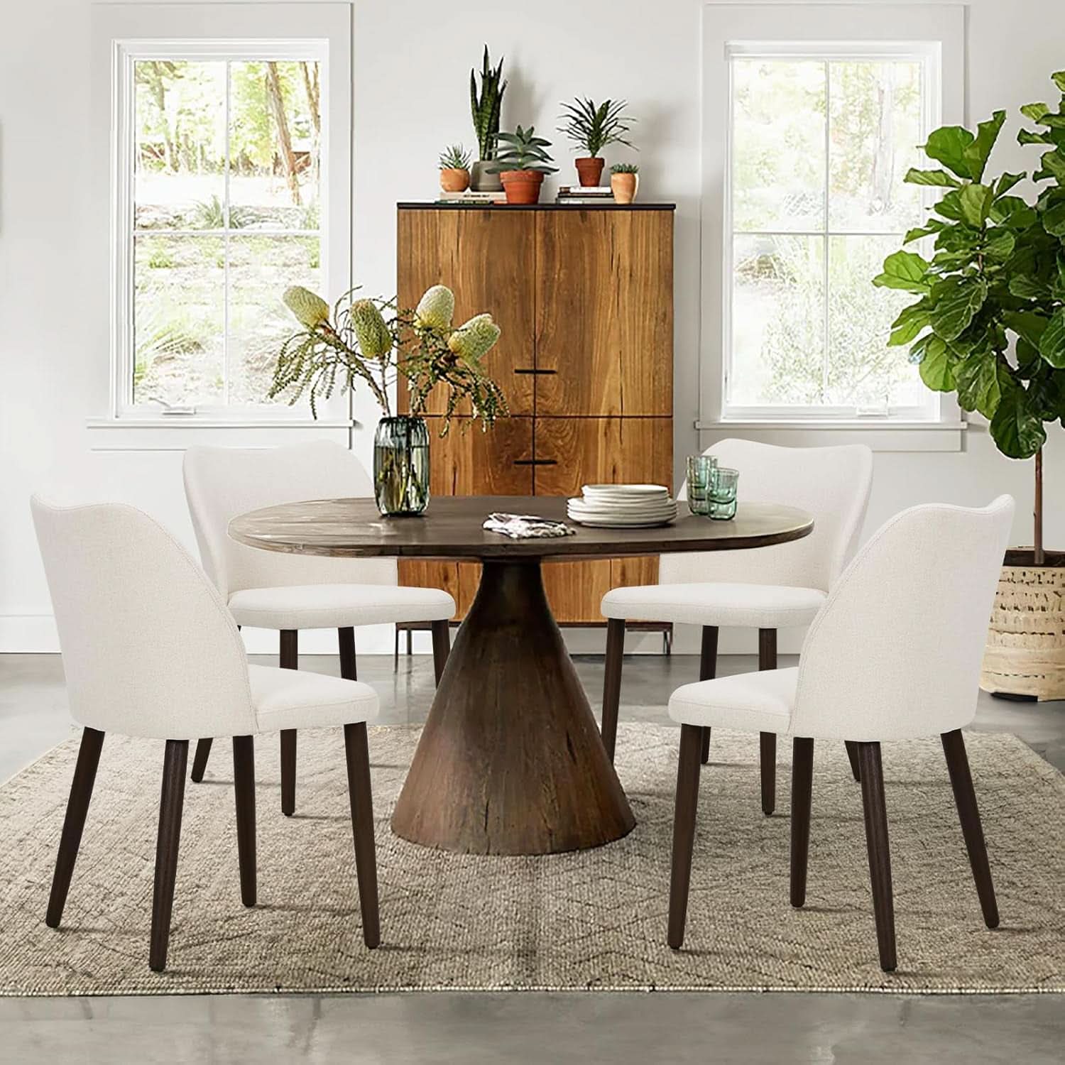 Beige Upholstered Dining Chairs With Wood Legs Set Of 6