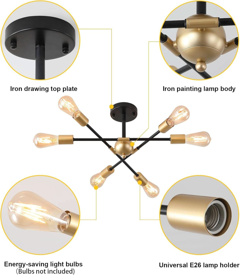 Black And Gold 6 Light Sputnik Ceiling Chandelier Semi Flush Mount UL Listed