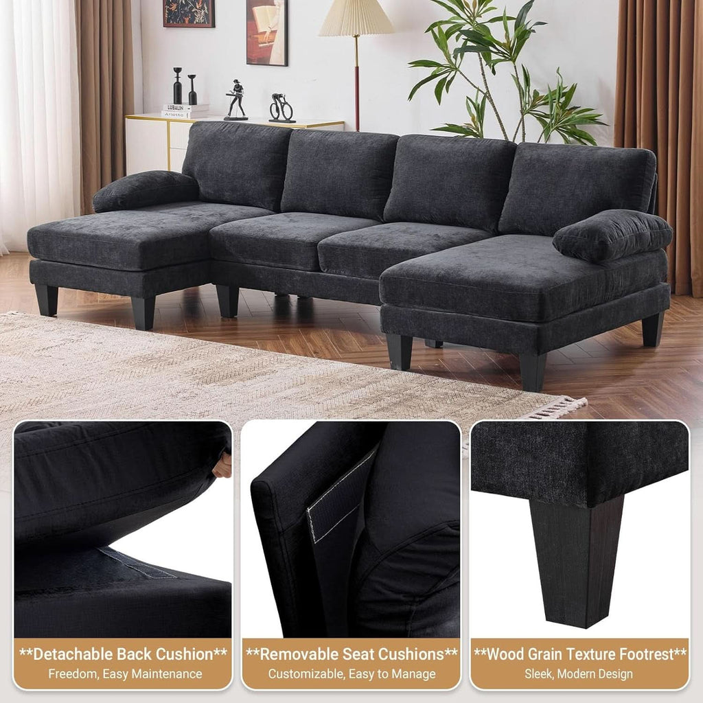 Black U-Shaped Sectional Sofa with Double Chaise