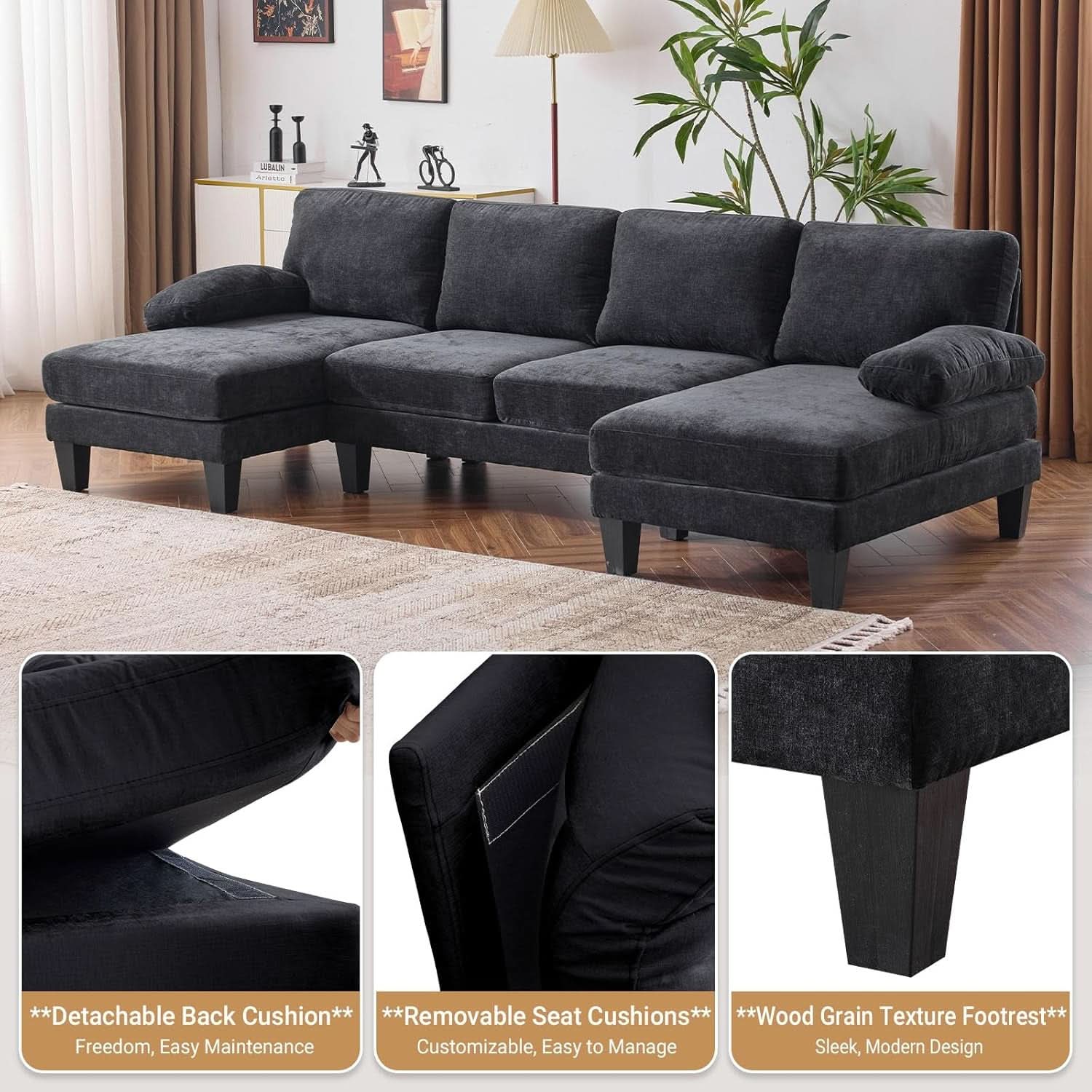 Black U-Shaped Sectional Sofa with Double Chaise