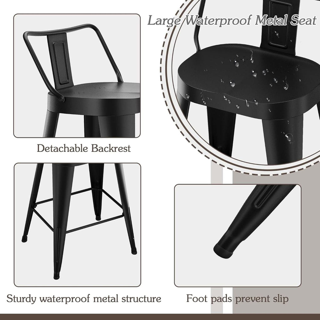 24 Inch Black Outdoor Metal Bar Stools Set of 4 Counter Height Large Ergonomic Seats