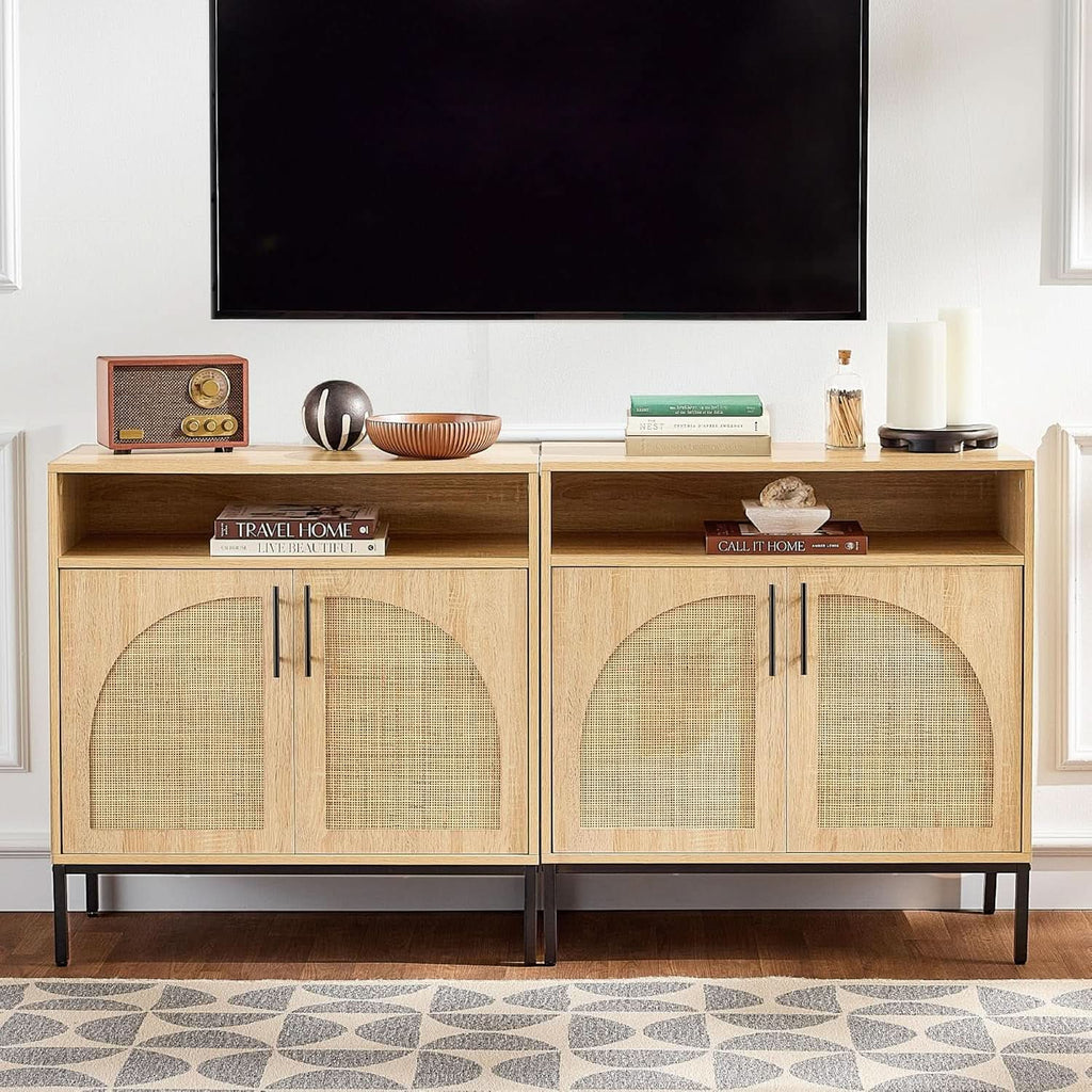 Rattan Sideboard Buffet Cabinet Natural Color Cord Cutout
