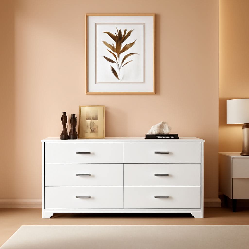 White Wood 6 Drawer Dresser With Inlaid Handle Design