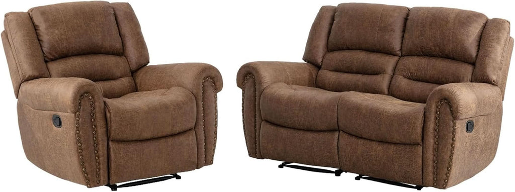 Brown Faux Leather Manual Recliner Sofa Set With Loveseat