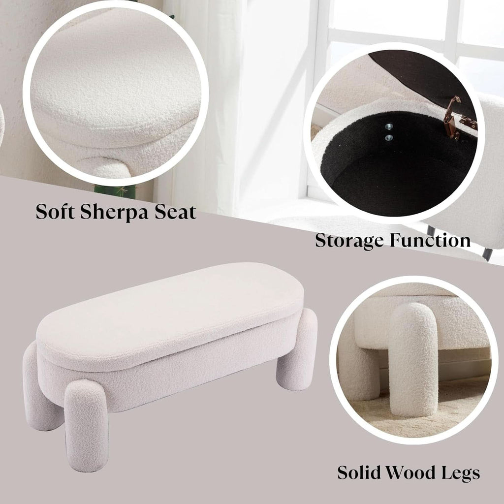 44.7-Inch White Boucle Upholstered Storage Ottoman Bench