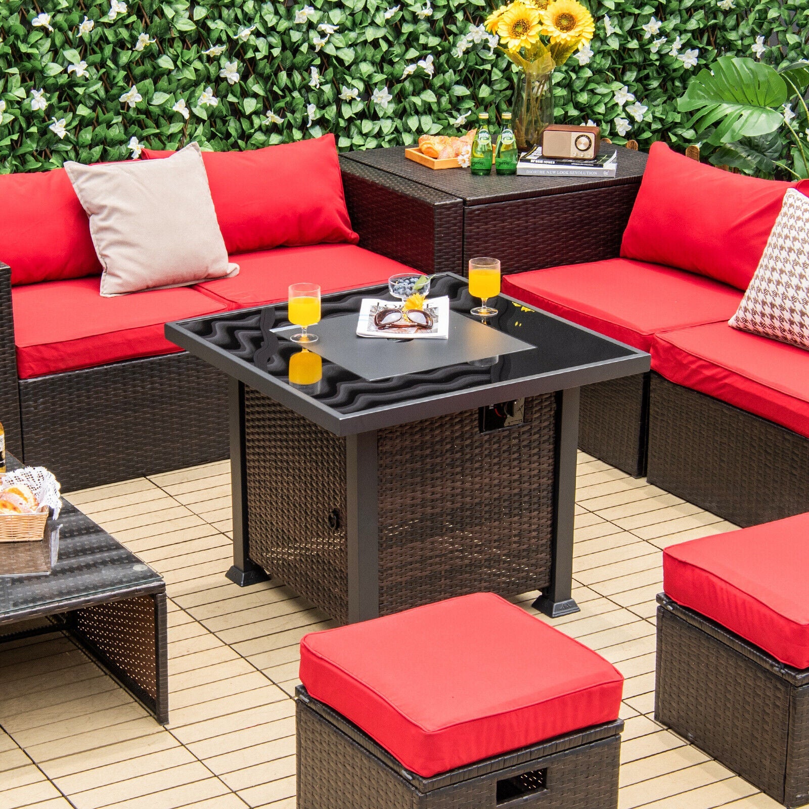 32 Inch Square Propane Fire Pit Table with Lava Rocks Cover