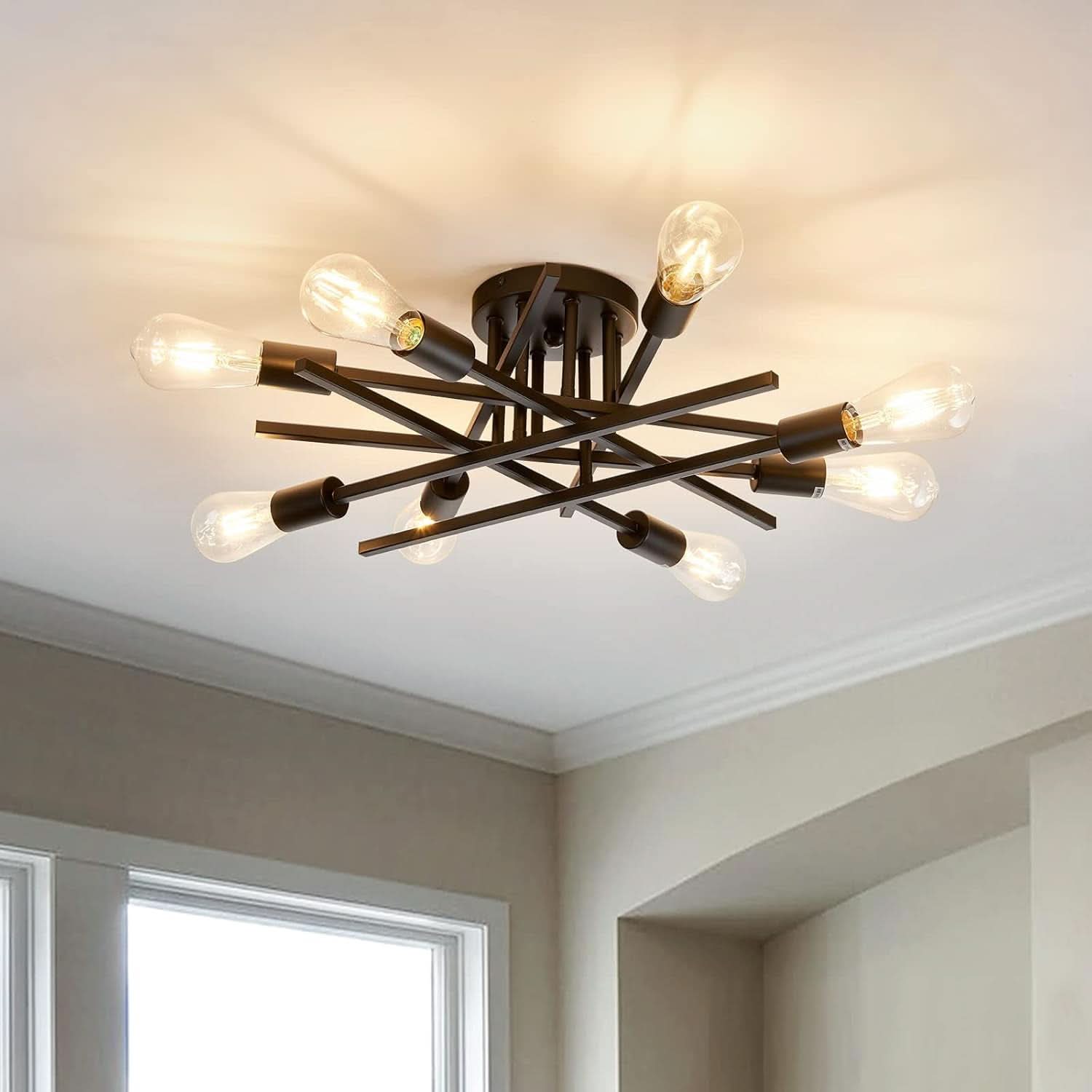 8 Light Matte Black Sputnik Chandelier Semi Flush Mount