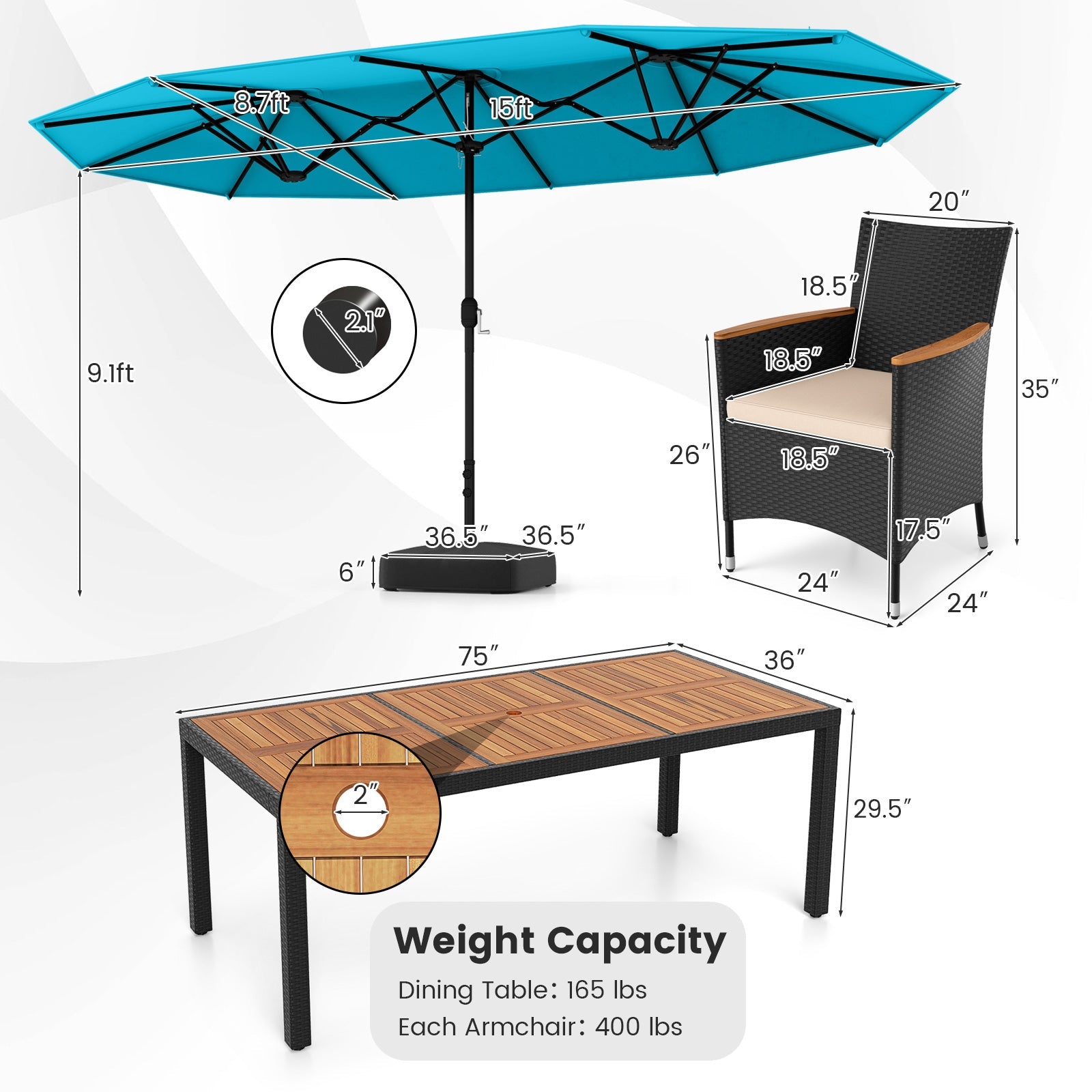 10 Piece Outdoor Dining Set with 15 Feet Double-Sided Twin Umbrella