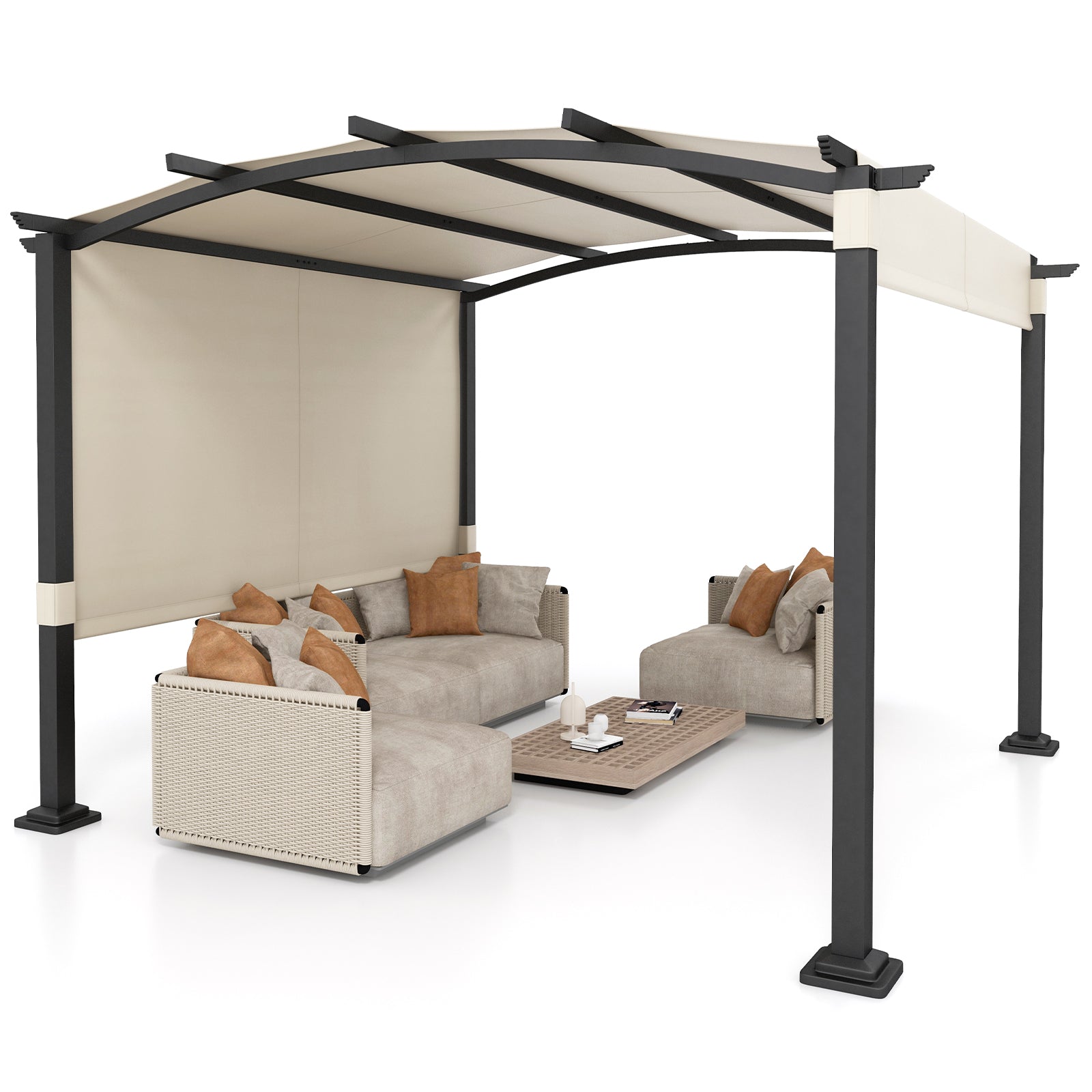 10 x 10 ft Outdoor Pergola Modern Arched Patio Garden Shelter with Retractable Sunshade Canopy