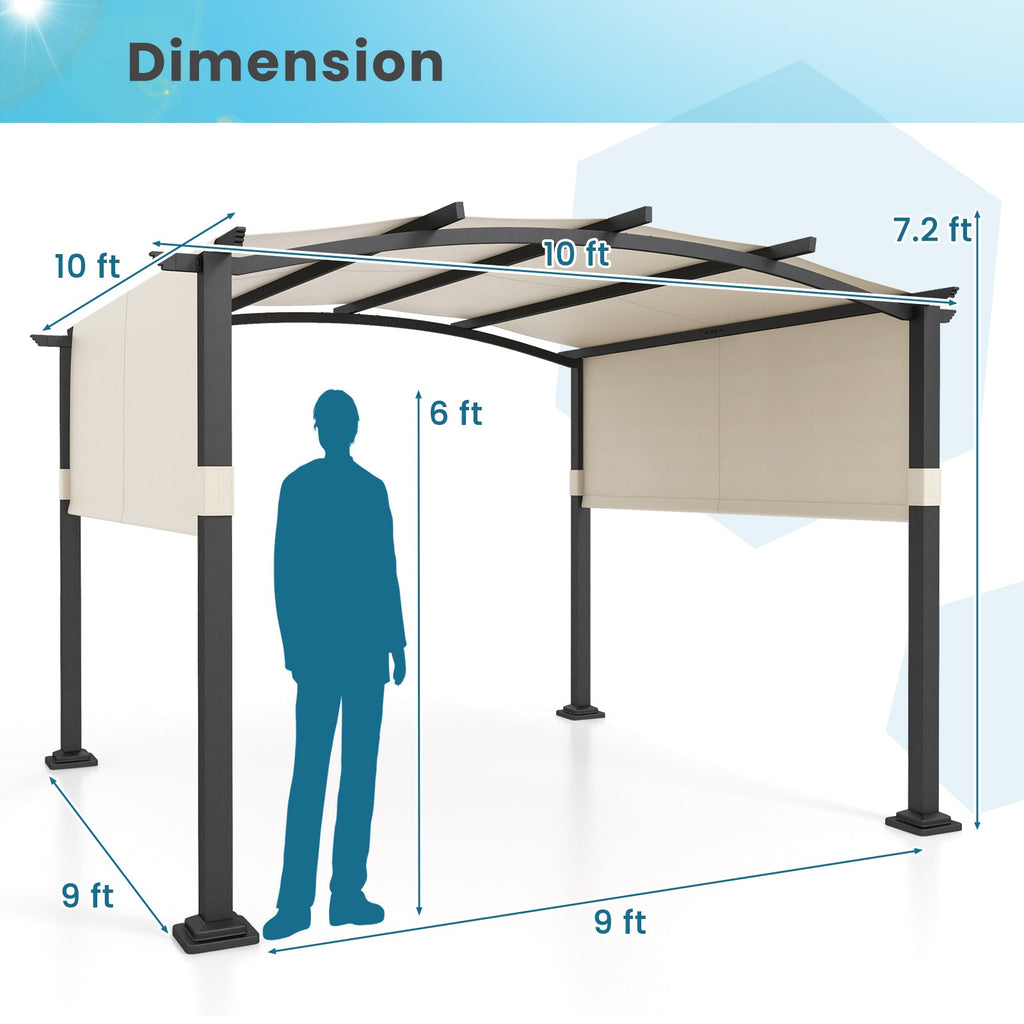 10 x 10 ft Outdoor Pergola Modern Arched Patio Garden Shelter with Retractable Sunshade Canopy