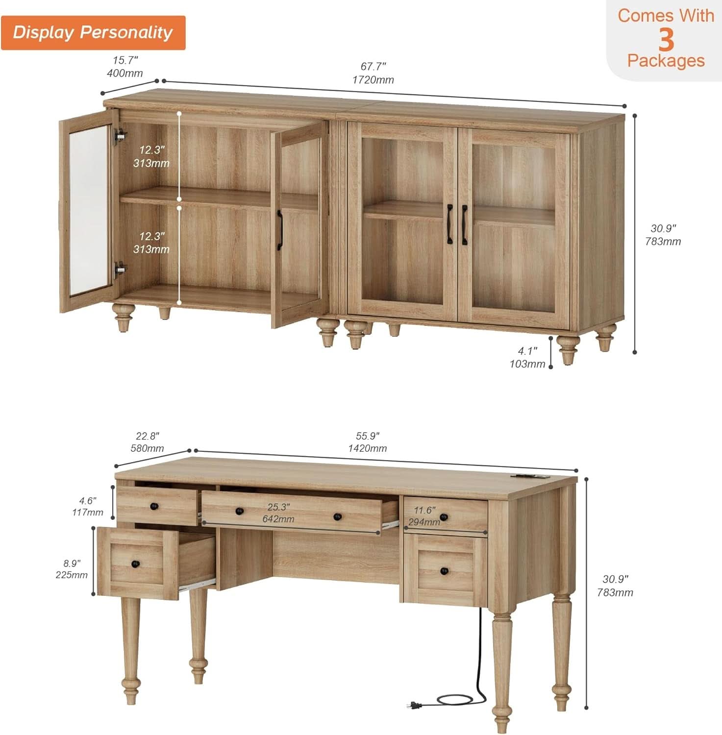 Distressed Oak Executive Desk with Glass Storage Cabinet