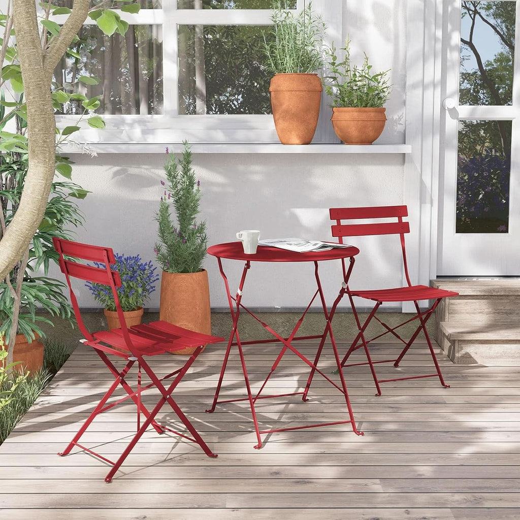 3-Piece Folding Outdoor Bistro Set Red Cushioned Seats