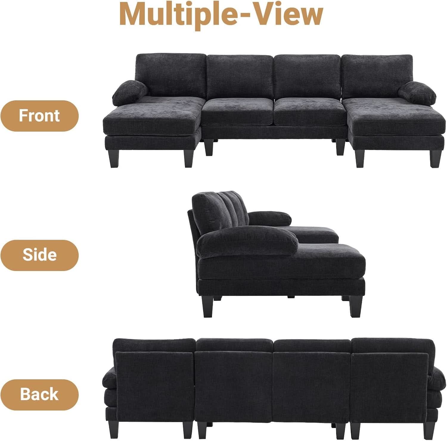 Black U-Shaped Sectional Sofa with Double Chaise