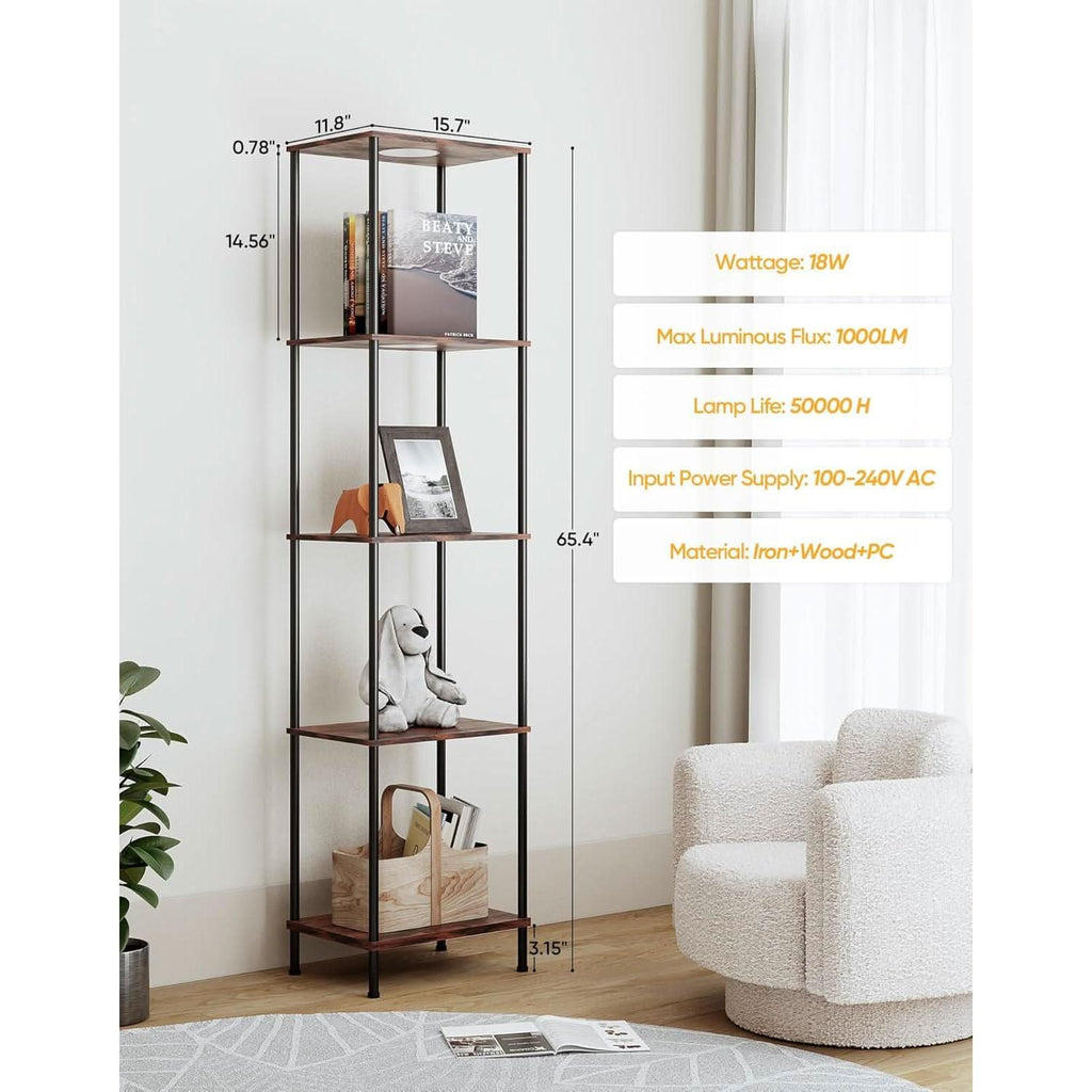 Display Shelf With RGBW Light Floor Lamp 5 Tier Brown