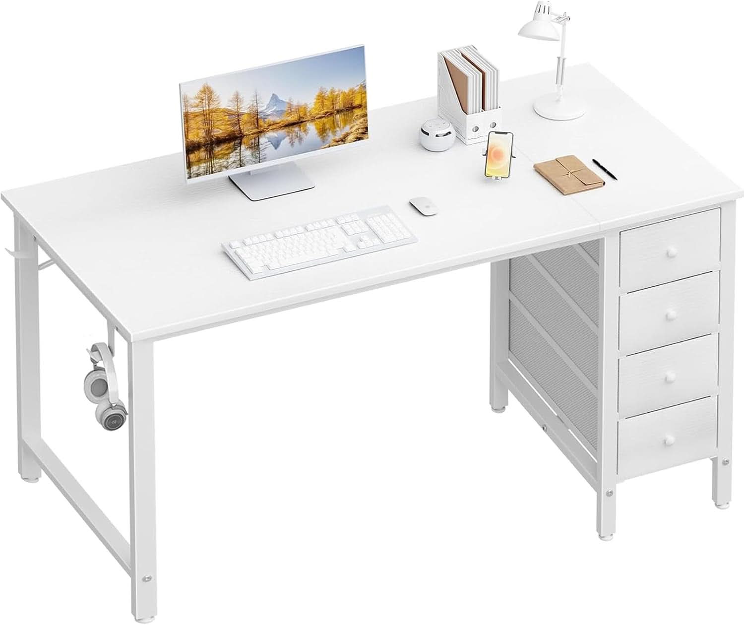 55 Inch White Computer Desk With Fabric Drawer For Home Office