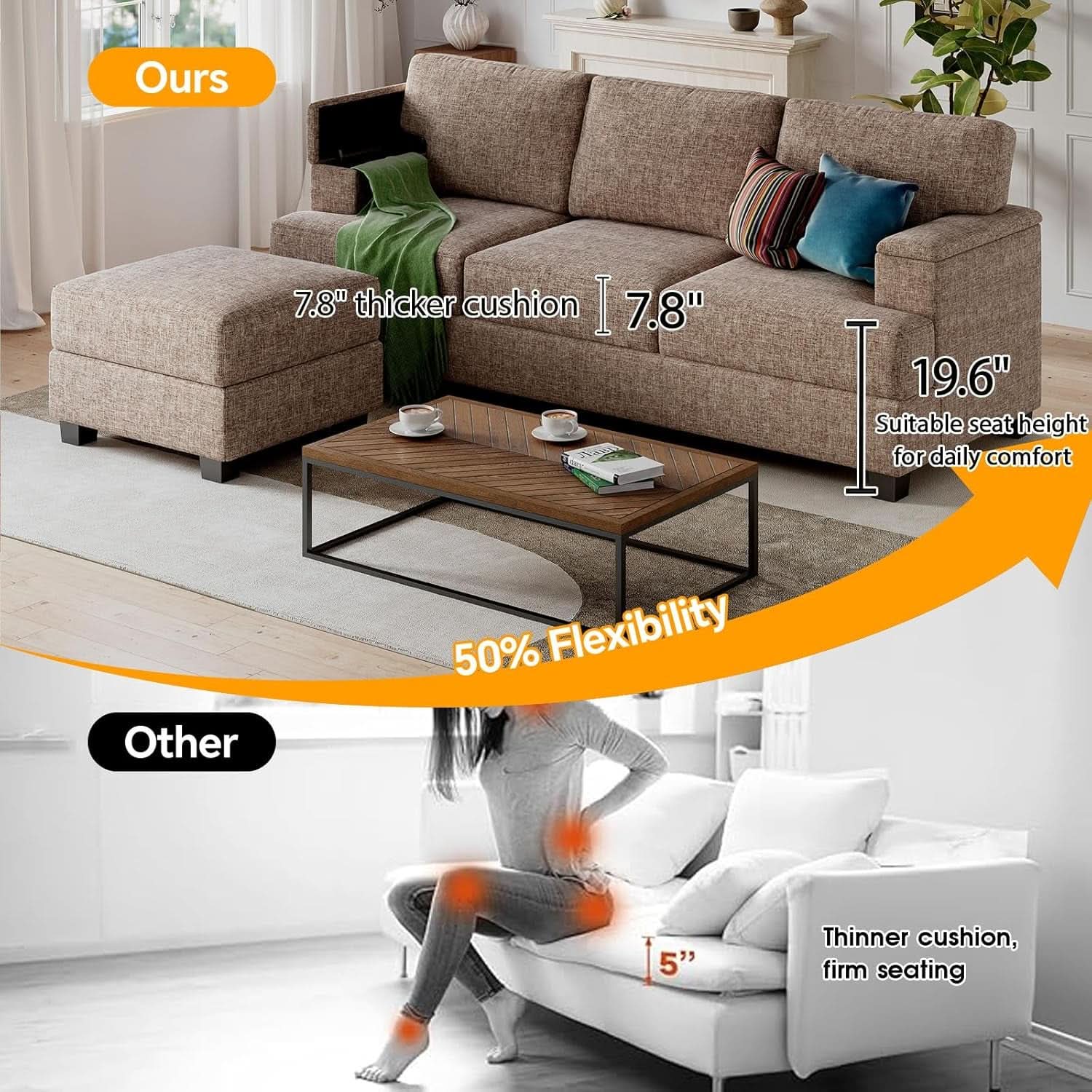 85-Inch L-Shaped Sofa with Ottoman