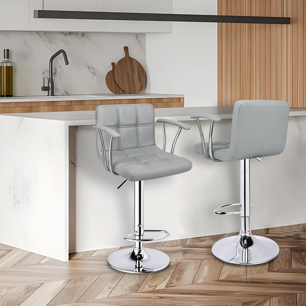 Counter Height Bar Stools Set 2 Armrest Swivel Leather Grey
