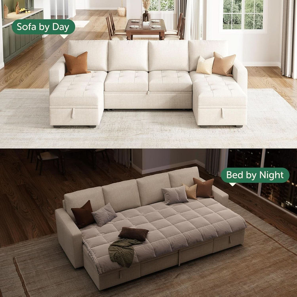 Beige Modular Sleeper Sectional Sofa with Storage