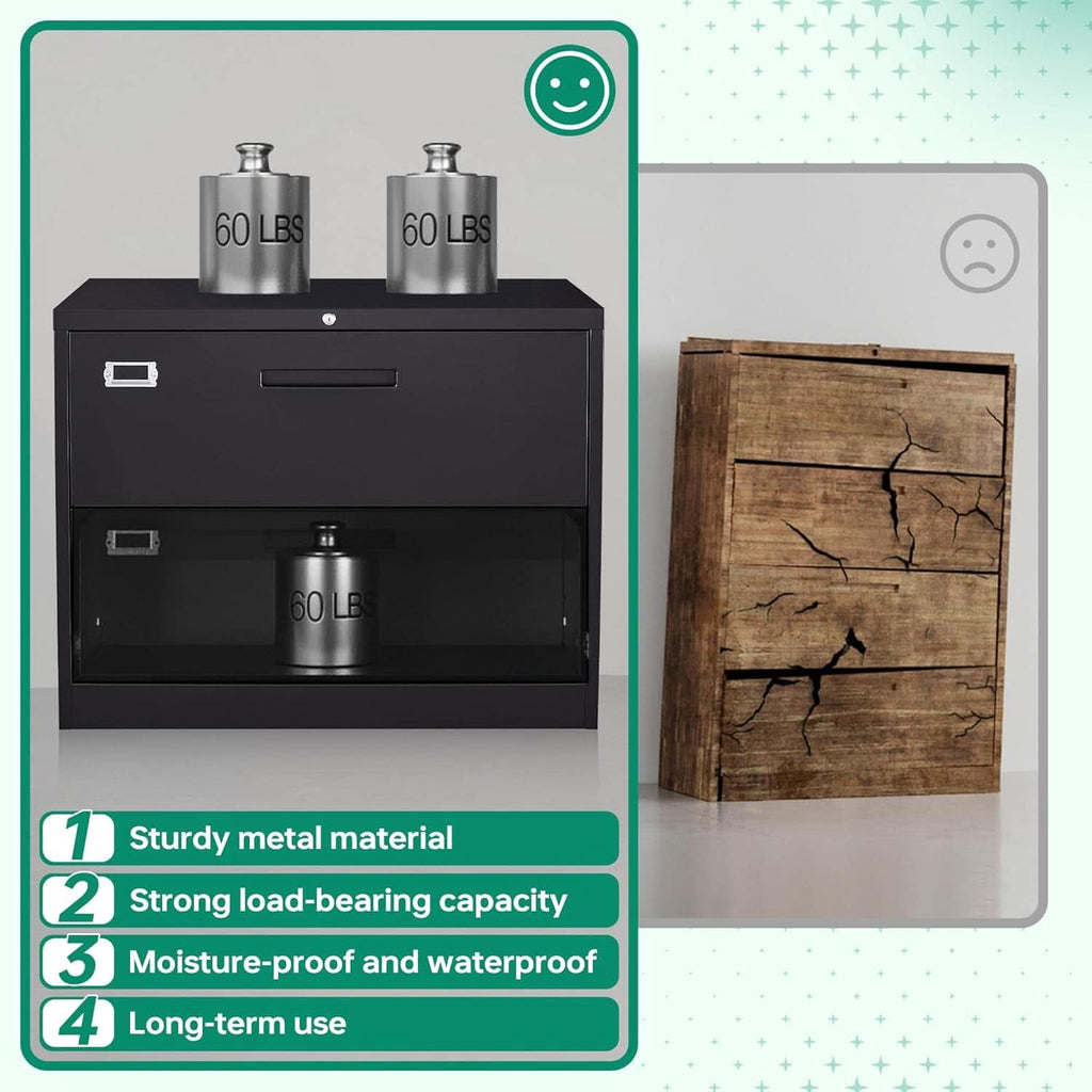 Metal Lateral File Cabinet With Lock 2 Drawer Black Steel