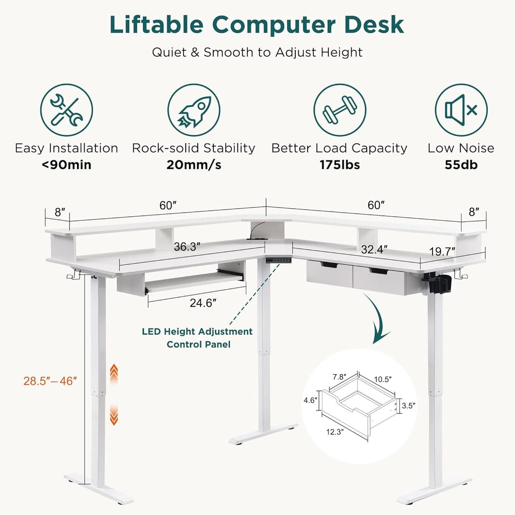 60 Inch L Shaped Electric Standing Desk Antique White