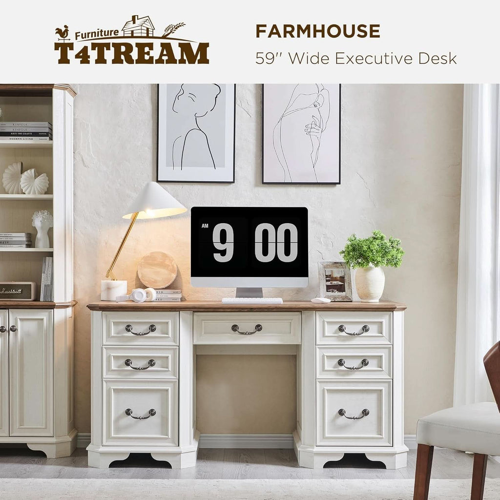 59-Inch Farmhouse Executive Desk in Antique White