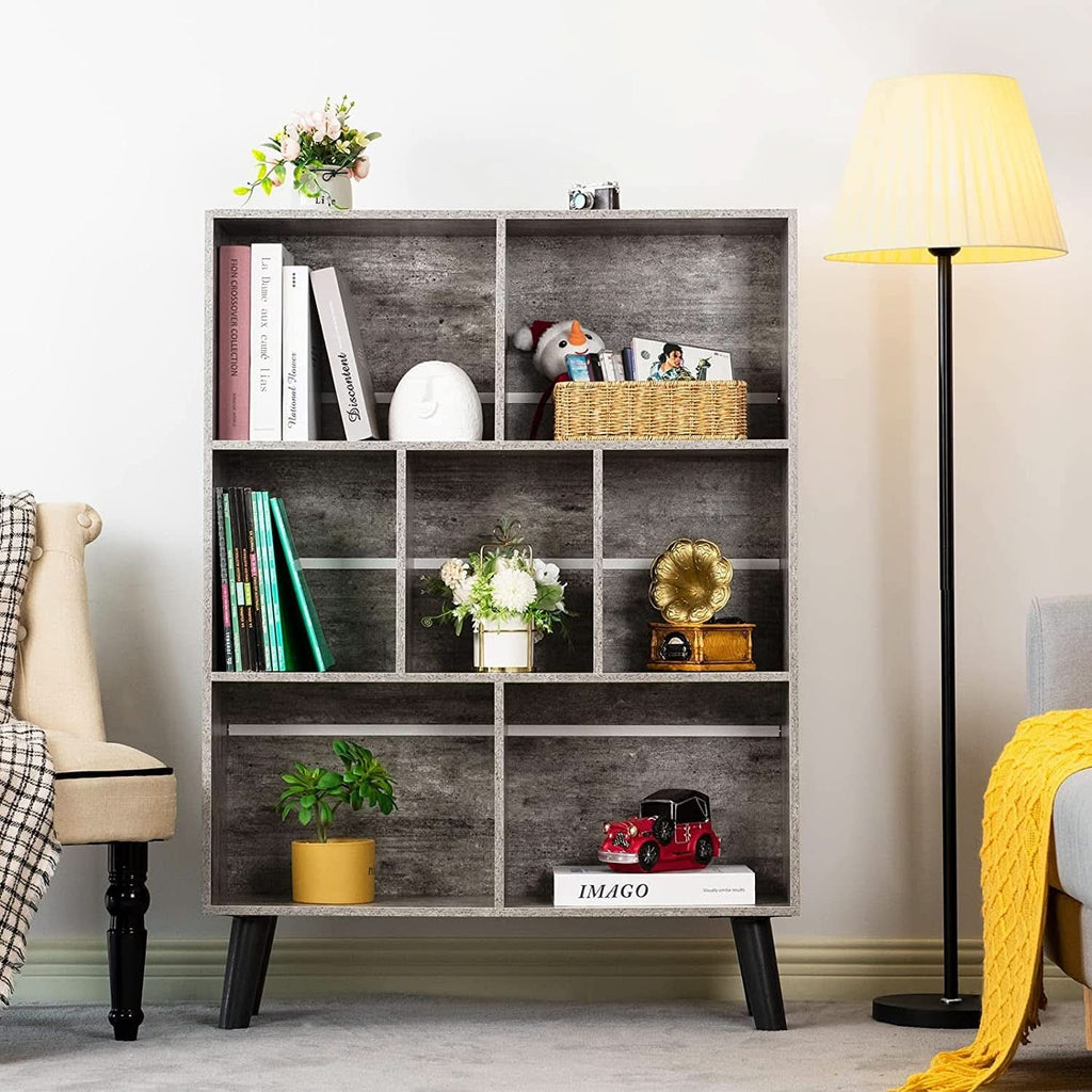 Three Tier Grey Bookshelf For Small Spaces With Crisscross