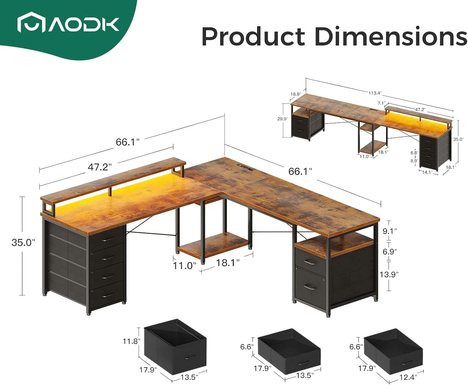 66 Inch L Shaped Desk With LED Lights And Power Outlet
