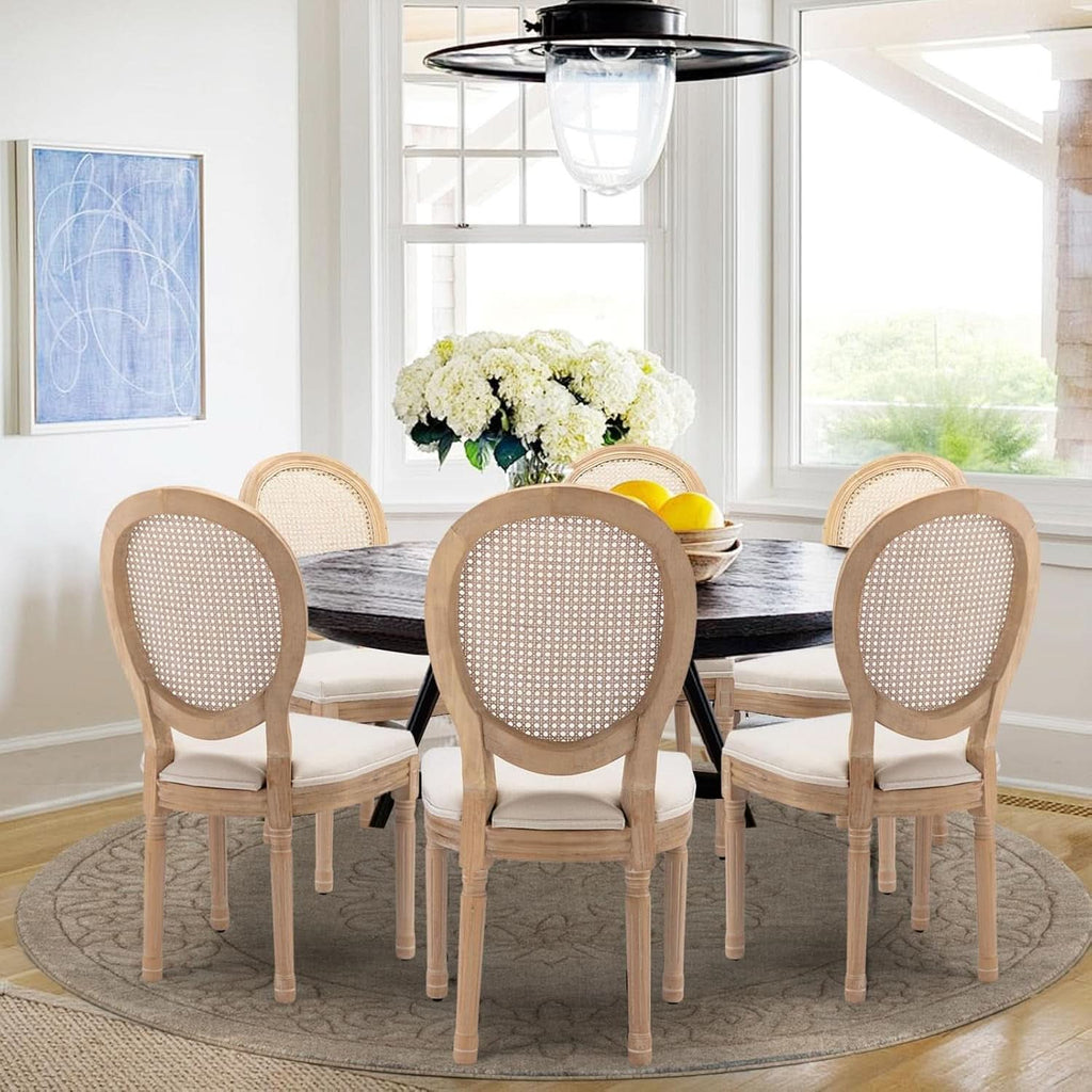 Oval Back Rattan Upholstered Dining Chairs Set Of 6 Beige With Wood Legs