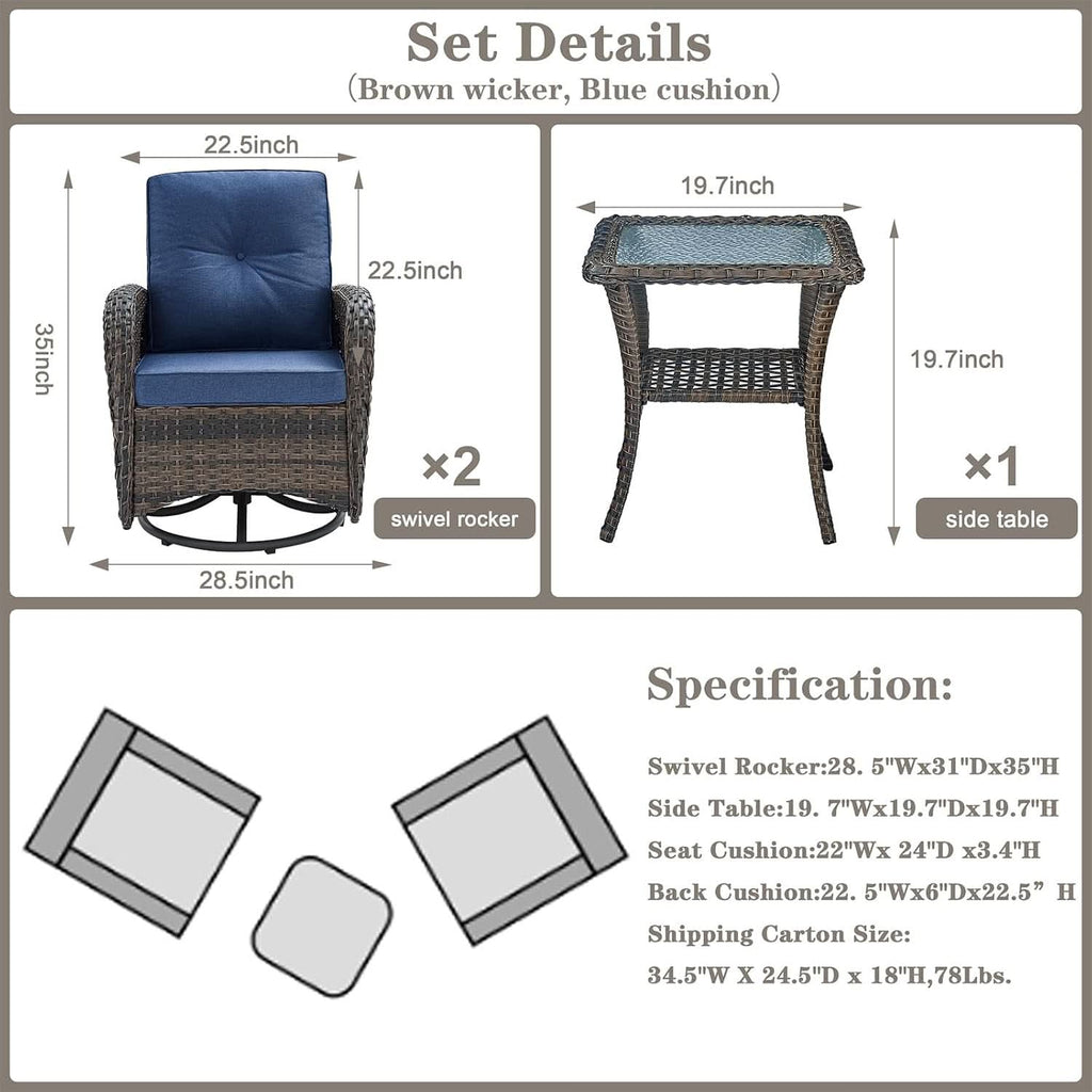 Patio Wicker Swivel Rocker Chairs Set Of 2 With Glass Top Side Table Brown Blue