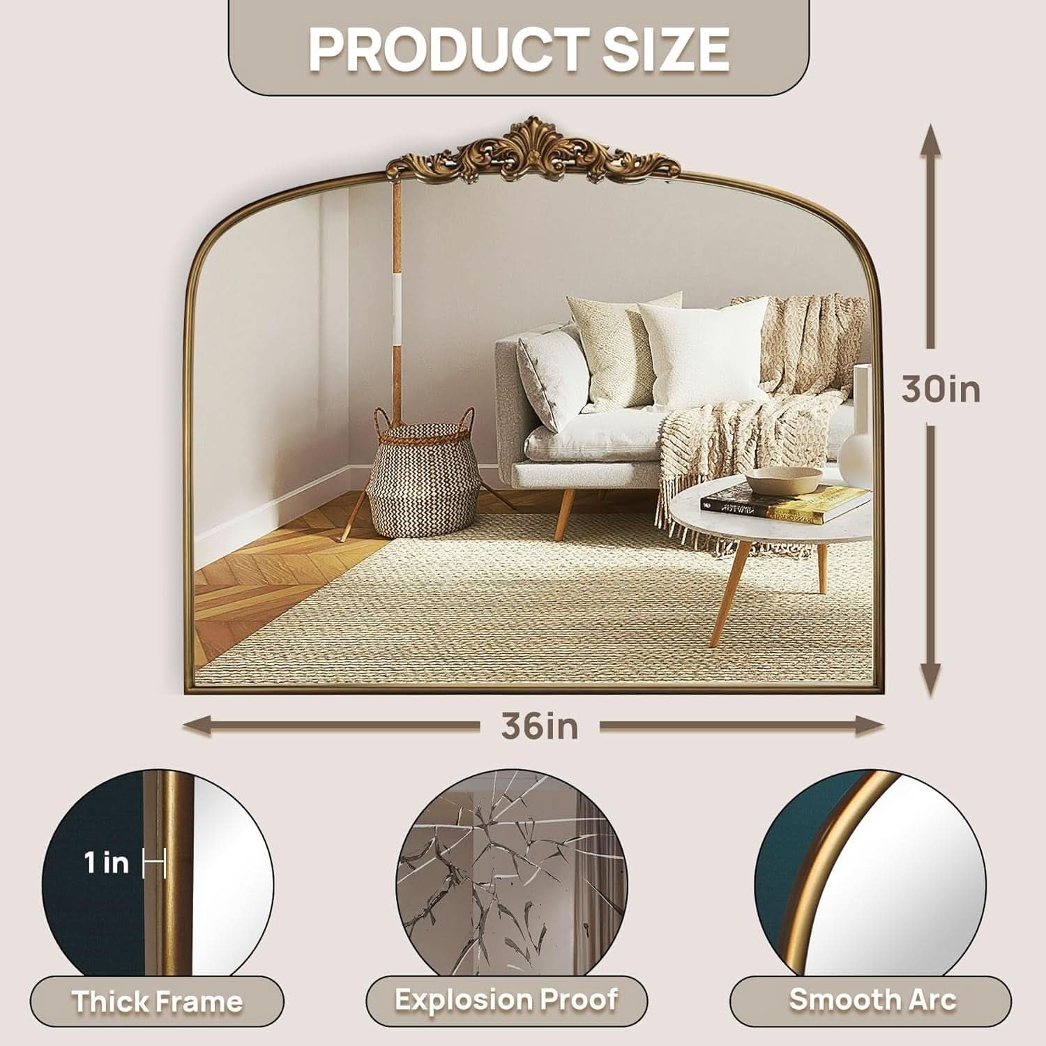 Vintage Gold Mirror 36 By 30 Inch Arched Metal Frame