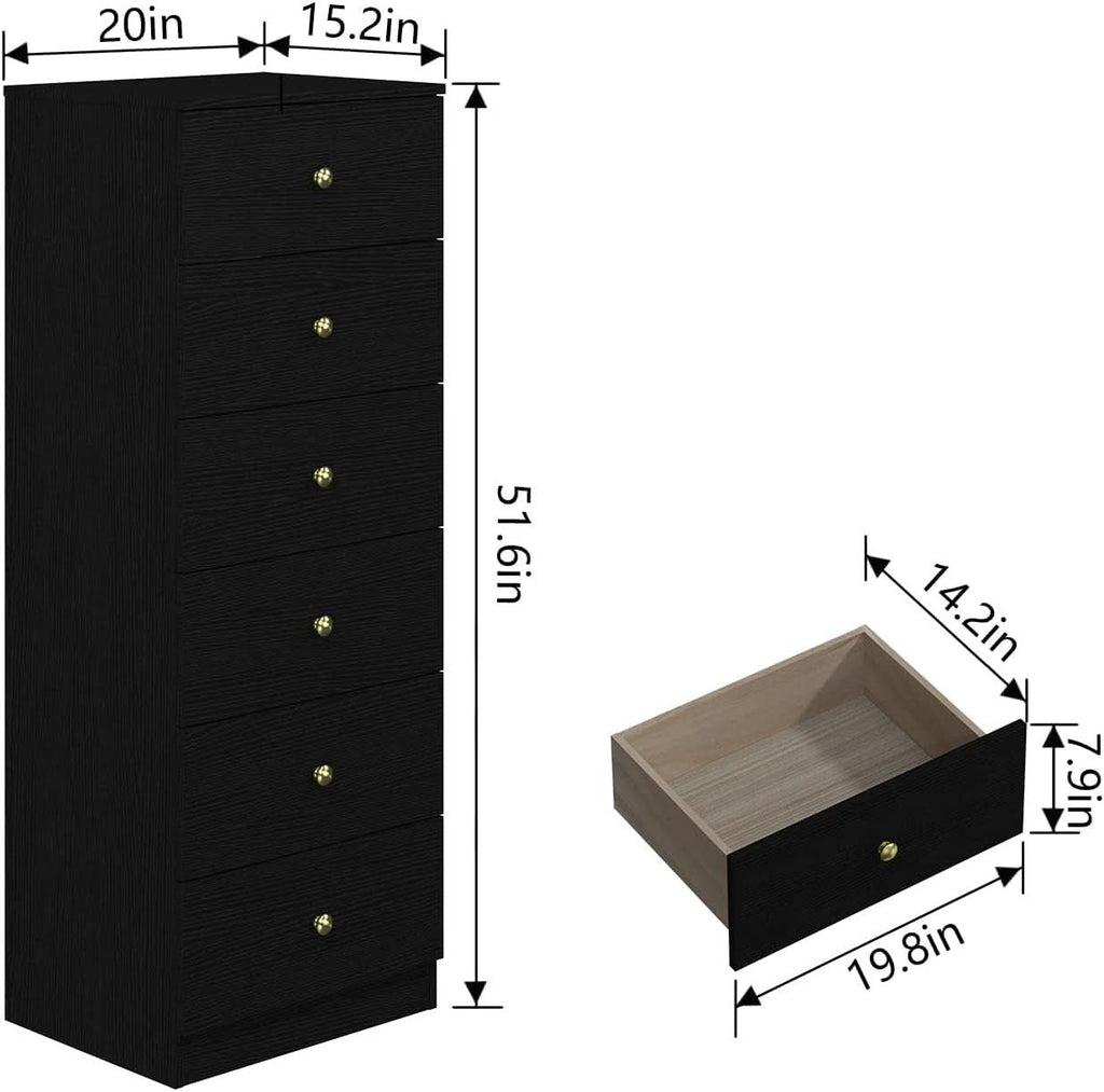 Six Drawer Vertical Dresser Black Wood Gold Handles